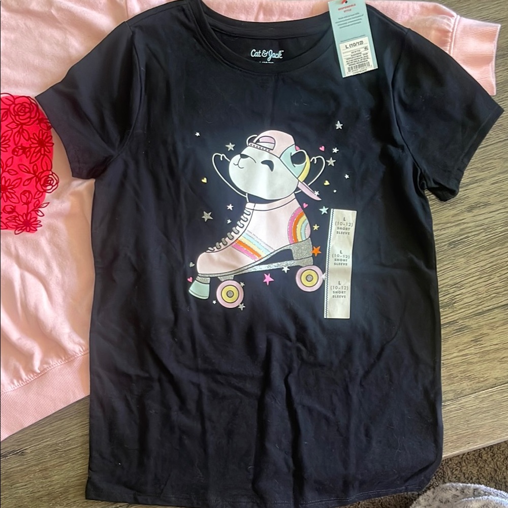 Cat & Jack Pink Sweatshirt and NWT Black Graphic Tee Set - Girls - Picture 2 of 7
